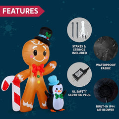 6 FT Tall Inflatable Gingerbread with Penguin Christmas Inflatable with Build-in LEDs