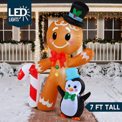 6 FT Tall Inflatable Gingerbread with Penguin Christmas Inflatable with Build-in LEDs
