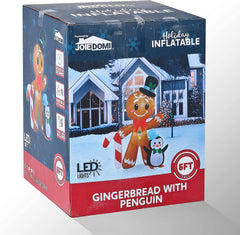 6 FT Tall Inflatable Gingerbread with Penguin Christmas Inflatable with Build-in LEDs