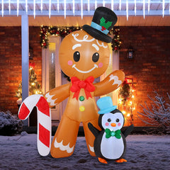 6 FT Tall Inflatable Gingerbread with Penguin Christmas Inflatable with Build-in LEDs