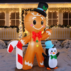 6 FT Tall Inflatable Gingerbread with Penguin Christmas Inflatable with Build-in LEDs