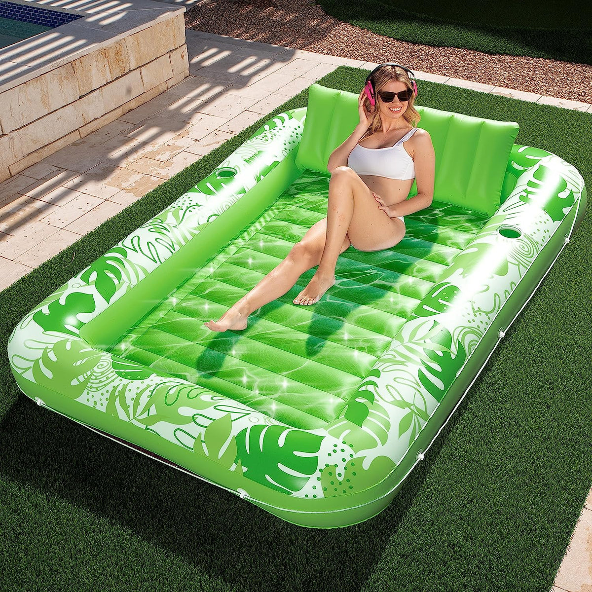 SLOOSH-Extra Large Inflatable Tanning Pool & Yard Lounger With Cup Holder, Green