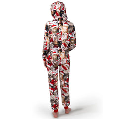 Adults Cute Cat Print Christmas Hooded Pajamas with Pockets