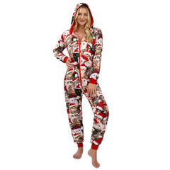 Adults Cute Cat Print Christmas Hooded Pajamas with Pockets