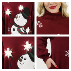 Christmas Ugly Sweater Dress, 3D Snowman Women Turtleneck Loose Sweater