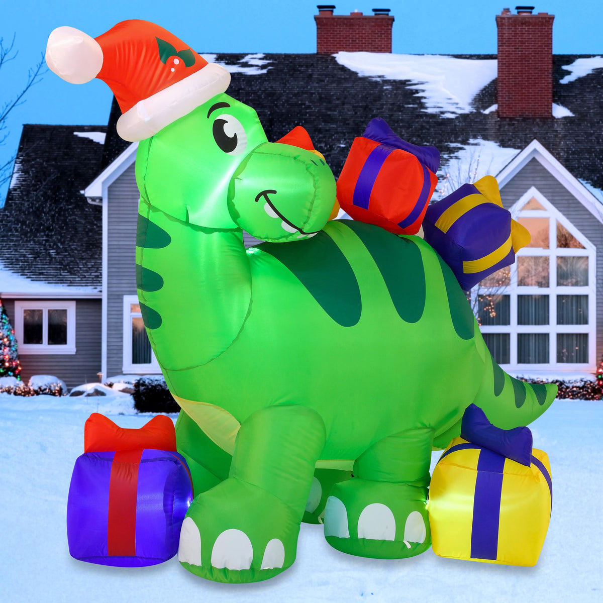 6 FT Long Inflatable Brachiosaurus Carrying Gifts with Build-in LEDs