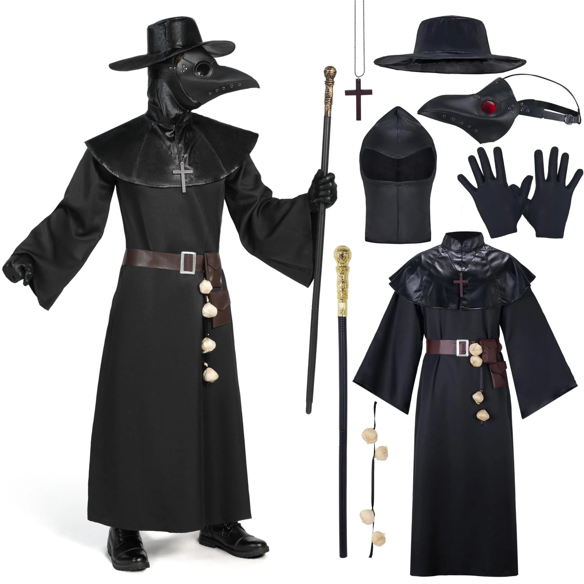 Men Plague Doctor Black Costume Set with Hat, Mask, Shawl, Robe, Gloves, Belt, Garlic, Scepter