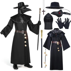 Men Plague Doctor Black Costume Set with Hat, Mask, Shawl, Robe, Gloves, Belt, Garlic, Scepter