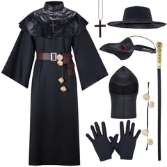 Men Plague Doctor Black Costume Set with Hat, Mask, Shawl, Robe, Gloves, Belt, Garlic, Scepter