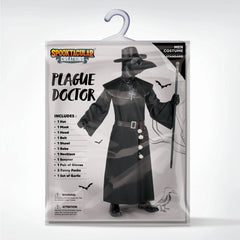 Men Plague Doctor Black Costume Set with Hat, Mask, Shawl, Robe, Gloves, Belt, Garlic, Scepter