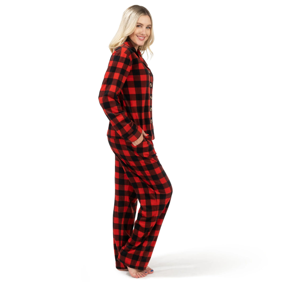 Red Classic Plaid Christmas Cozy Fleece Long Sleeve Pajamas for Women