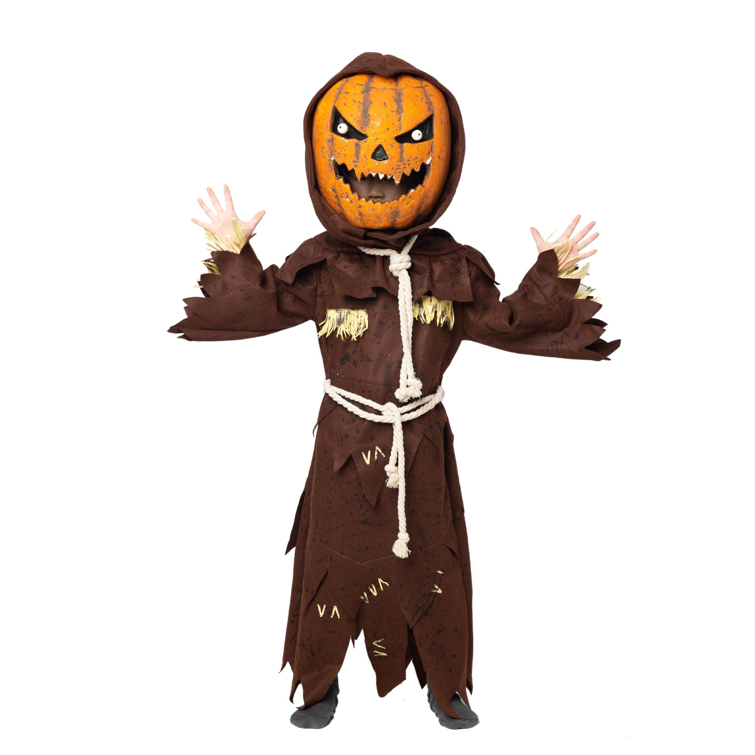 Scary Scarecrow Pumpkin Bobble Head Costume w/Pumpkin Halloween Mask for Kids - Spooktacular Creations