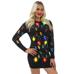 Women Black Long Christmas Sweater Dress with Colorful Light Up Bulbs