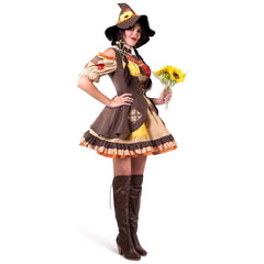 Women Brown Scarecrow Dress with Hat, Collar Costume Set