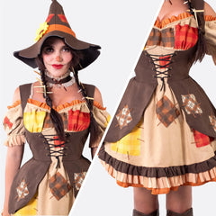 Women Brown Scarecrow Dress with Hat, Collar Costume Set
