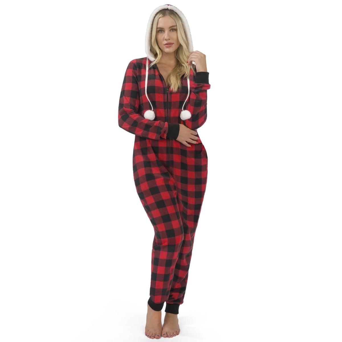 Women Red Plaid Pajamas Outfit with Hood, Flannel Sherpa Lined Hoody Pajamas