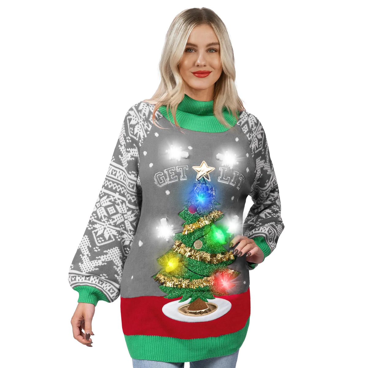 Women’s Christmas Tree Ugly Long Sweater LED Light Up Xmas Sweater