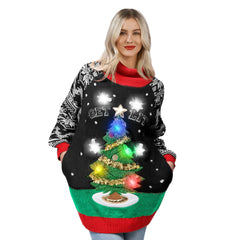 Women’s Christmas Tree Ugly Long Sweater LED Light Up Xmas Sweater