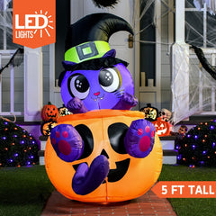 5ft Tall Animated Halloween Kitty Cat On Pumpkin Inflatable