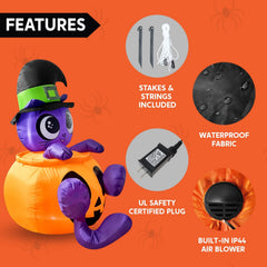 5ft Tall Animated Halloween Kitty Cat On Pumpkin Inflatable