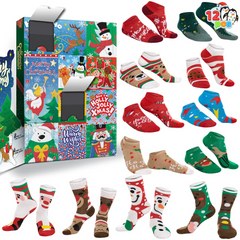 2025 12 Days Advent Calendar - Socks, 12 Packs (Santa, Snowman, Reindeer, Gingerbread Man)