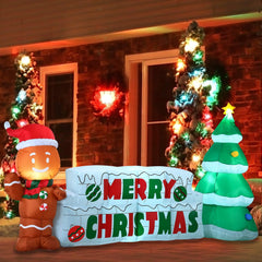 10ft Wide Merry Christmas Sign with Tree & Gingerbread Man Inflatable