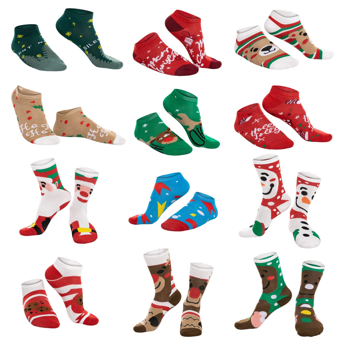 2025 12 Days Advent Calendar - Socks, 12 Packs (Santa, Snowman, Reindeer, Gingerbread Man)