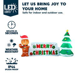 10ft Wide Merry Christmas Sign with Tree & Gingerbread Man Inflatable