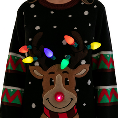 Black Color Reindeer Ugly Sweater with Light Bulbs