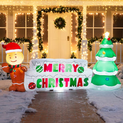 10ft Wide Merry Christmas Sign with Tree & Gingerbread Man Inflatable