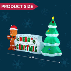 10ft Wide Merry Christmas Sign with Tree & Gingerbread Man Inflatable