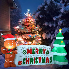 10ft Wide Merry Christmas Sign with Tree & Gingerbread Man Inflatable